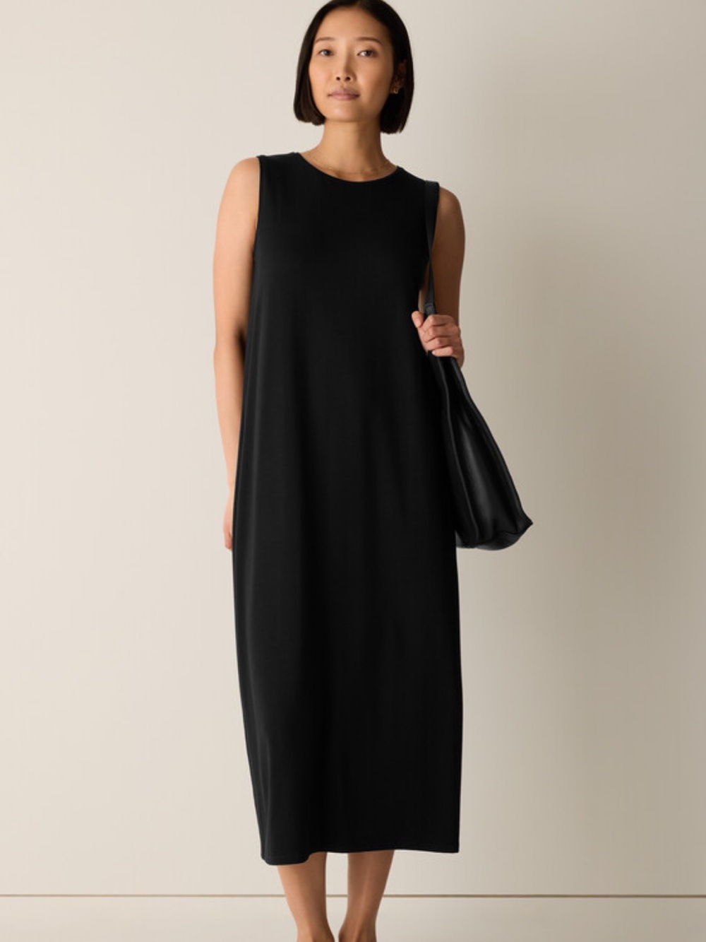 Eileen Fisher Black Empire Waist Sleeveless Tank Dress Midi
